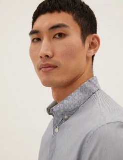 M&S Collection Formal Shirts Slim Fit Cotton Rich Stretch Striped Shirt -New In Mens Store SD 03 T11 0673S HP X EC 4