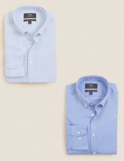 M&S Collection Formal Shirts 2 Pack Pure Cotton Check Long Sleeve Shirts