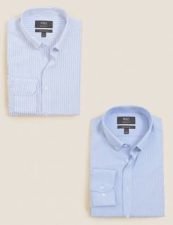 M&S Collection Formal Shirts 2pk Regular Fit Pure Cotton Striped Shirts