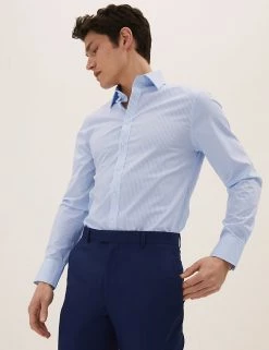 M&S Collection Formal Shirts Slim Fit Cotton Rich Stretch Striped Shirt