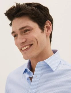 M&S Collection Formal Shirts Slim Fit Cotton Rich Stretch Striped Shirt -New In Mens Store SD 03 T11 4738S E4 X EC 1