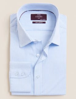M&S Collection Formal Shirts Slim Fit Cotton Rich Stretch Striped Shirt -New In Mens Store SD 03 T11 4738S E4 X EC 90
