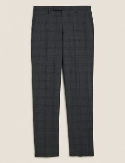 M&S Collection Men Charcoal Tailored Fit Wool Blend Check Trousers