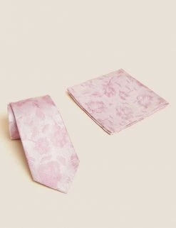 M&S Collection Men's Ties Floral Pure Silk Tie & Pocket Square Set