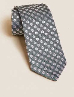 M&S Collection Men's Ties Slim Daisy Print Pure Silk Tie