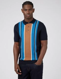 Ben Sherman Men's Knitted Polo Shirts Pure Cotton Striped Knitted Polo Shirt