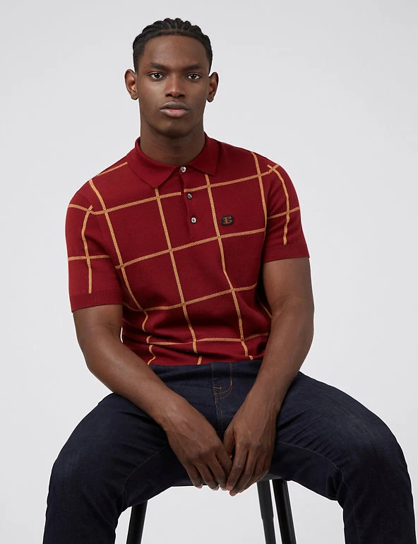 Ben Sherman Men's Knitted Polo Shirts Pure Cotton Check Knitted Polo Shirt 8 Ben Sherman Men's Knitted Polo Shirts Pure Cotton Check Knitted Polo Shirt - Image 8