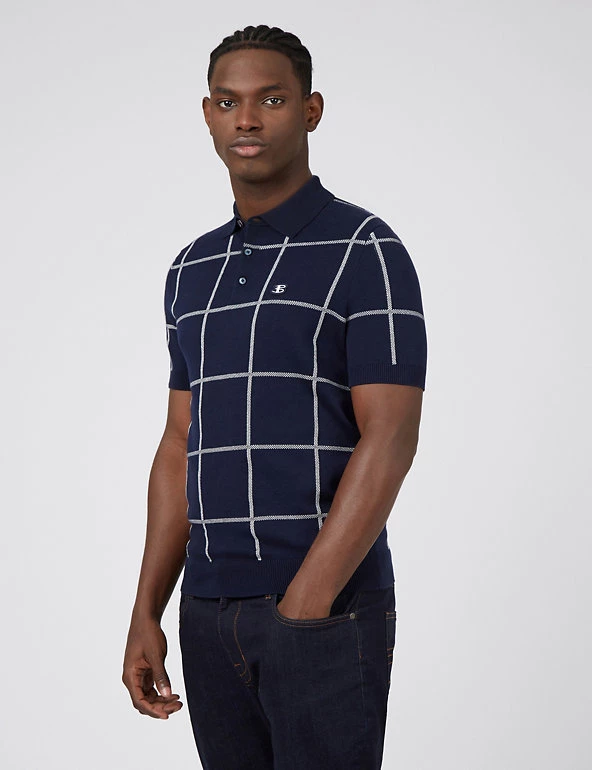 Ben Sherman Men's Knitted Polo Shirts Pure Cotton Check Knitted Polo Shirt 1 Ben Sherman Men's Knitted Polo Shirts Pure Cotton Check Knitted Polo Shirt