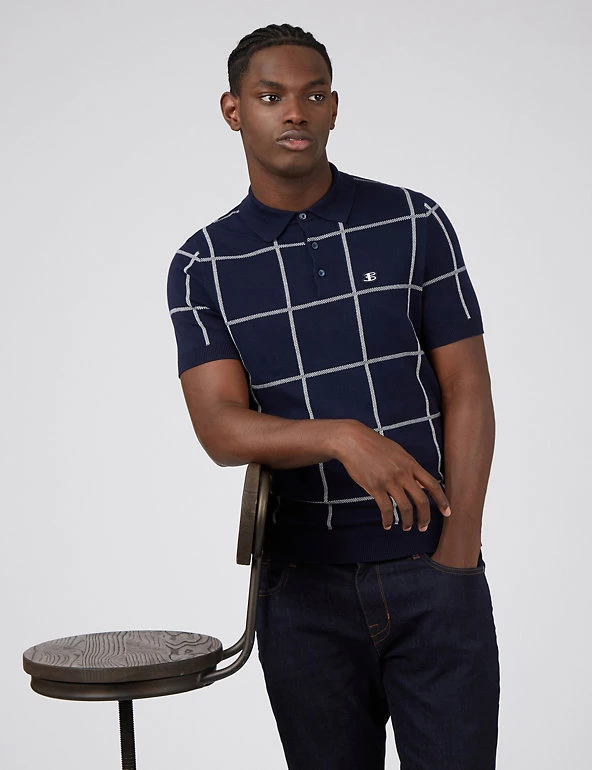 Ben Sherman Men's Knitted Polo Shirts Pure Cotton Check Knitted Polo Shirt 3 Ben Sherman Men's Knitted Polo Shirts Pure Cotton Check Knitted Polo Shirt - Image 3