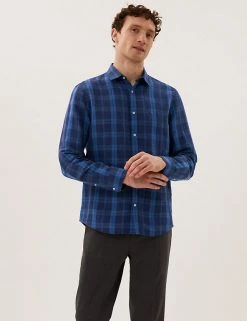 M&S Collection Casual Shirts Linen Rich Check Shirt -New In Mens Store SD 03 T25 2111M QP X EC 1
