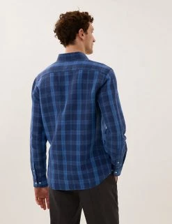 M&S Collection Casual Shirts Linen Rich Check Shirt -New In Mens Store SD 03 T25 2111M QP X EC 3