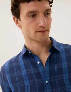 M&S Collection Casual Shirts Linen Rich Check Shirt -New In Mens Store SD 03 T25 2111M QP X EC 4