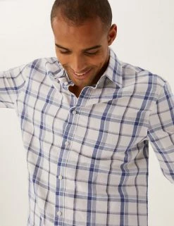 M&S Collection Casual Shirts Linen Rich Check Shirt -New In Mens Store SD 03 T25 2111M SS X EC 1