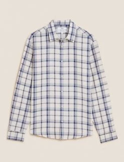 M&S Collection Casual Shirts Linen Rich Check Shirt -New In Mens Store SD 03 T25 2111M SS X EC 90
