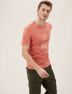 M&S Collection Men's T-shirts Pure Cotton Boat Graphic T-Shirt -New In Mens Store SD 03 T28 1981M P0 X EC 1
