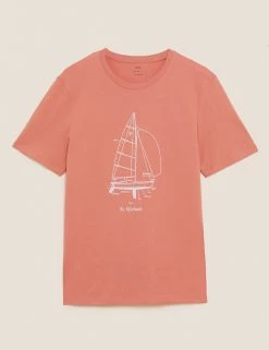 M&S Collection Men's T-shirts Pure Cotton Boat Graphic T-Shirt -New In Mens Store SD 03 T28 1981M P0 X EC 90