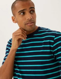 M&S Collection Men's T-shirts Pure Cotton Striped Heavy Weight T-Shirt -New In Mens Store SD 03 T28 1985M XS X EC 1