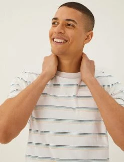 M&S Collection Men's T-shirts Pure Cotton Striped Crew Neck T-Shirt
