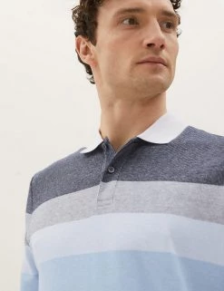 M&S Collection Men's Polo Shirts Pure Cotton Striped Double Knit Polo Shirt