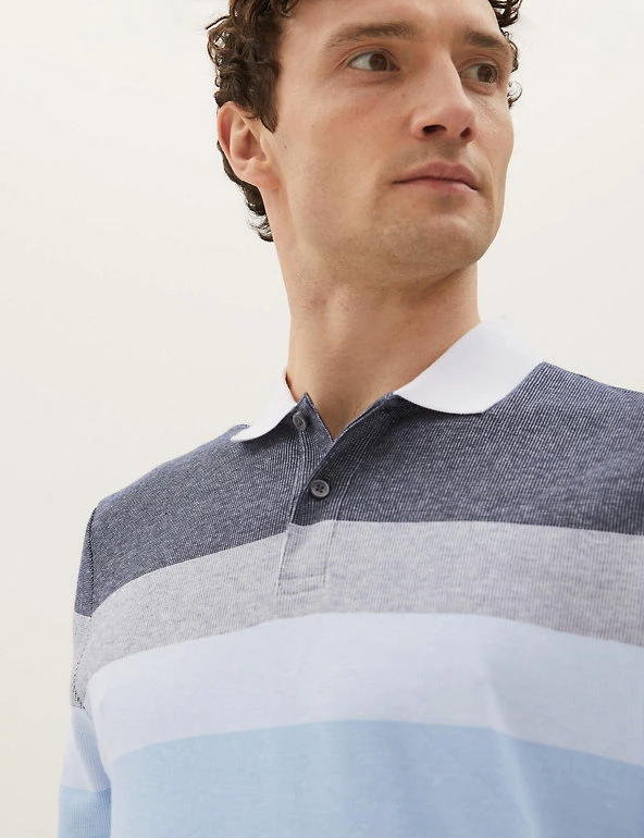 M&S Collection Men's Polo Shirts Pure Cotton Striped Double Knit Polo Shirt 1 M&S Collection Men's Polo Shirts Pure Cotton Striped Double Knit Polo Shirt
