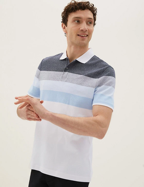 M&S Collection Men's Polo Shirts Pure Cotton Striped Double Knit Polo Shirt 4 M&S Collection Men's Polo Shirts Pure Cotton Striped Double Knit Polo Shirt - Image 4