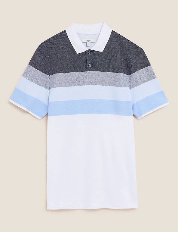 M&S Collection Men's Polo Shirts Pure Cotton Striped Double Knit Polo Shirt 2 M&S Collection Men's Polo Shirts Pure Cotton Striped Double Knit Polo Shirt - Image 2