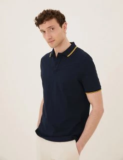 M&S Collection Men's Polo Shirts Pure Cotton Tipped Pique Polo Shirt -New In Mens Store SD 03 T28 5041M F3 X EC 0
