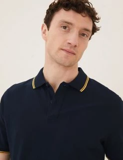 M&S Collection Men's Polo Shirts Pure Cotton Tipped Pique Polo Shirt -New In Mens Store SD 03 T28 5041M F3 X EC 1