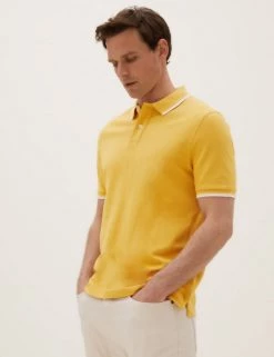 M&S Collection Men's Polo Shirts Pure Cotton Tipped Pique Polo Shirt -New In Mens Store SD 03 T28 5041M S3 X EC 0