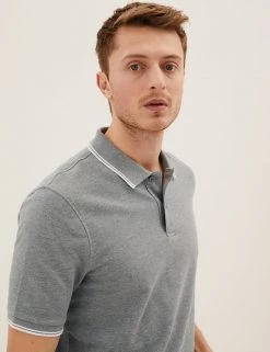 M&S Collection Men's Polo Shirts Pure Cotton Tipped Pique Polo Shirt -New In Mens Store SD 03 T28 5041M T4 X EC 0