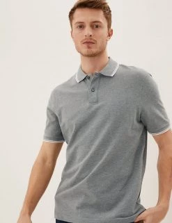 M&S Collection Men's Polo Shirts Pure Cotton Tipped Pique Polo Shirt -New In Mens Store SD 03 T28 5041M T4 X EC 2