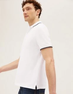 M&S Collection Men's Polo Shirts Pure Cotton Tipped Pique Polo Shirt -New In Mens Store SD 03 T28 5041M Z0 X EC 1
