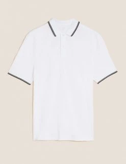 M&S Collection Men's Polo Shirts Pure Cotton Tipped Pique Polo Shirt -New In Mens Store SD 03 T28 5041M Z0 X EC 90