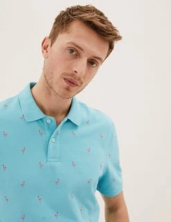 M&S Collection Men's Polo Shirts Pure Cotton Flamingo Print Pique Polo Shirt
