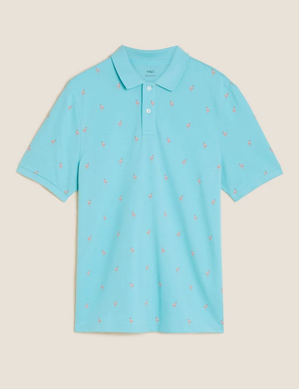 M&S Collection Men's Polo Shirts Pure Cotton Flamingo Print Pique Polo Shirt 2 M&S Collection Men's Polo Shirts Pure Cotton Flamingo Print Pique Polo Shirt - Image 2