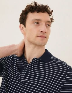 M&S Collection Men's Polo Shirts Pure Cotton Striped Pique Polo Shirt -New In Mens Store SD 03 T28 5043M F3 X EC 0