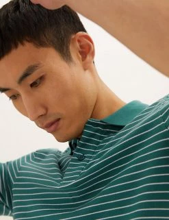 M&S Collection Men's Polo Shirts Pure Cotton Striped Pique Polo Shirt -New In Mens Store SD 03 T28 5043M J3 X EC 0