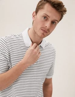 M&S Collection Men's Polo Shirts Pure Cotton Striped Pique Polo Shirt -New In Mens Store SD 03 T28 5043M Z0 X EC 0