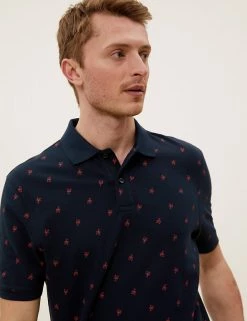 M&S Collection Men's Polo Shirts Pure Cotton Printed Pique Polo Shirt