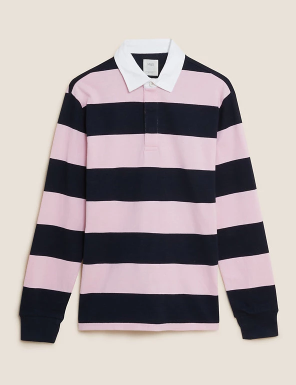 M&S Collection Men's Rugby Shirts Pure Cotton Striped Rugby Shirt 2 M&S Collection Men's Rugby Shirts Pure Cotton Striped Rugby Shirt - Image 2