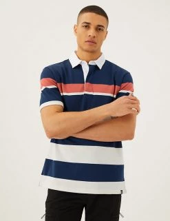 M&S Collection Men's Polo Shirts Pure Cotton Striped Rugby Shirt