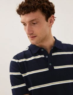 M&S Collection Men's Knitted Polo Shirts Cotton Rich Striped Knitted Polo Shirt