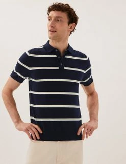 M&S Collection Men's Knitted Polo Shirts Cotton Rich Striped Knitted Polo Shirt -New In Mens Store SD 03 T30 4003M F4 X EC 1