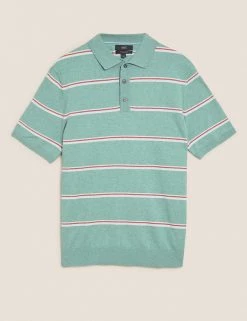 M&S Collection Men's Knitted Polo Shirts Cotton Rich Striped Knitted Polo Shirt -New In Mens Store SD 03 T30 4003M J4 X EC 90