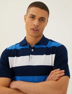 M&S Collection Men's Knitwear Pure Cotton Block Stripe Rugby Top