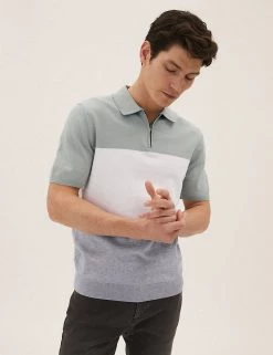 M&S Collection Men's Knitted Polo Shirts Cotton Rich Colour Block Knitted Polo Shirt
