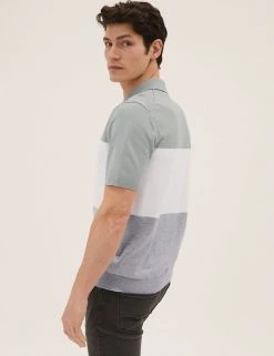 M&S Collection Men's Knitted Polo Shirts Cotton Rich Colour Block Knitted Polo Shirt -New In Mens Store SD 03 T30 4007M J4 X EC 1