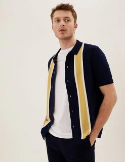 M&S Collection Men's Knitted Polo Shirts Cotton Rich Striped Knitted Polo Shirt