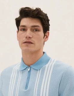 M&S Collection Men's Knitted Polo Shirts Cotton Rich Striped Knitted Polo Shirt