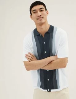 M&S Collection Men's Knitted Polo Shirts Cotton Modal Striped Knitted Polo Shirt